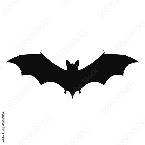 Dark bat silhouette with spread wings on white background