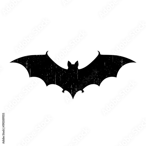 Dark silhouette of bat with spread wings on white background