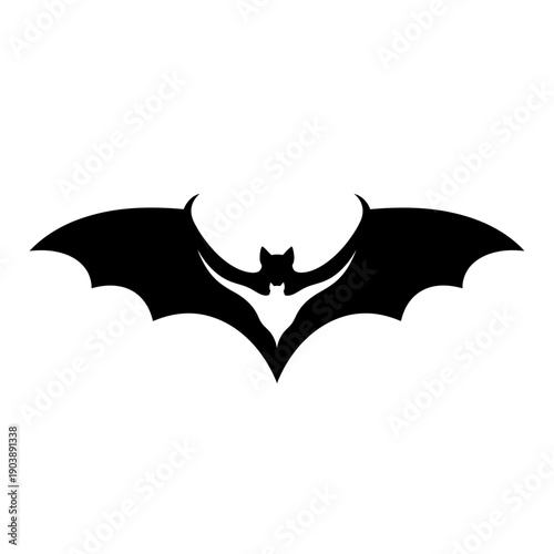 Stunning black bat silhouette in mid flight against white background