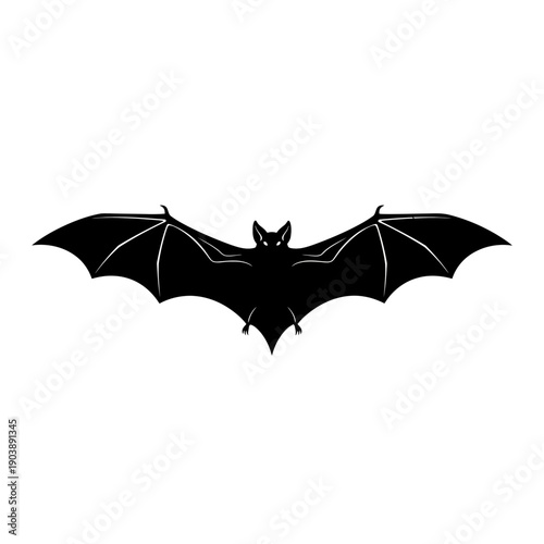 Black bat silhouette with spread wings on white background
