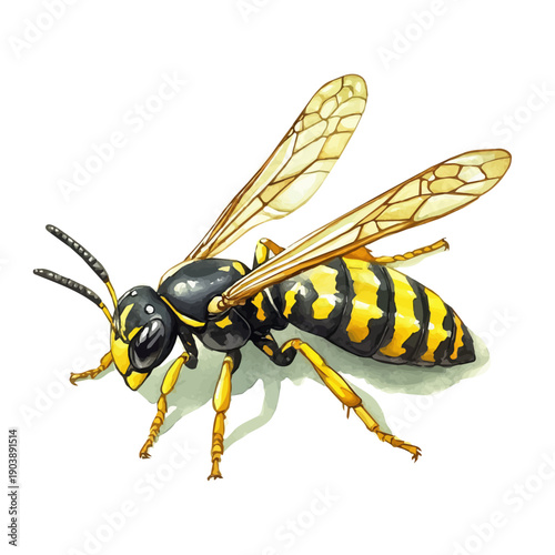 Wasp, illustration watercolor with dynamic strokes and balanced color harmony, isolated on a white background.