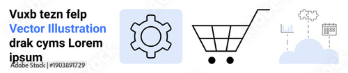 Gear, shopping cart, and cloud with analytics charts represent online shopping, technology, data integration, and services. Ideal for e-commerce, cloud computing, innovation marketing automation