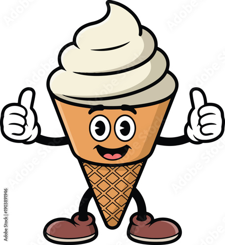 Anthropomorphic waffle cone with ice cream and thumbs up