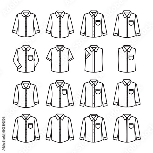Collage of Men's Dress Shirt Icons with Various Styles and Details, Stock Media