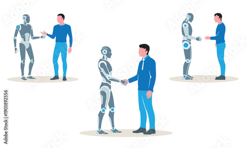 Robot and man shaking hands, representing communication and collaboration between humans and humanoid robots.
