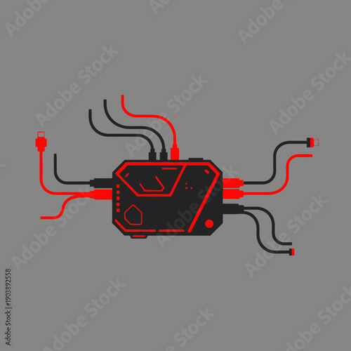 Illustration of a circuit board with connected wires on a gray background.