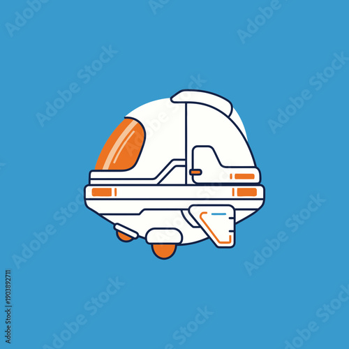 Illustration of a futuristic, round-shaped spaceship with orange accents on a blue background.
