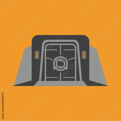 Illustration of a futuristic bunker entrance with a gear symbol on the door.