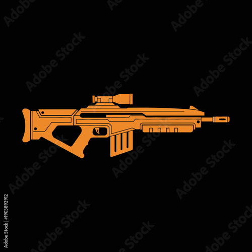 Illustration of a futuristic sniper rifle in orange with black background.