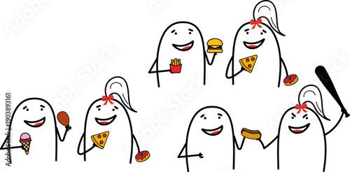 Minimalist doodle couples sharing food like ice cream, pizza, fries, burgers and donuts