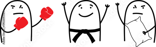 Funny minimalist doodle fights: boxing, karate and pillow fight