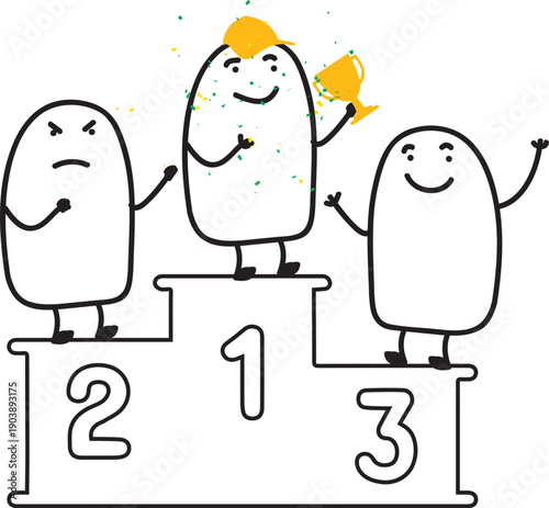 Minimalist doodle podium with champion holding trophy, nervous second and happy third place