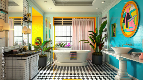 Vibrant Memphis design bathroom with brightly colored wall surfaces. Retro postmodern style characterized by eccentric geometry and energetic color palette