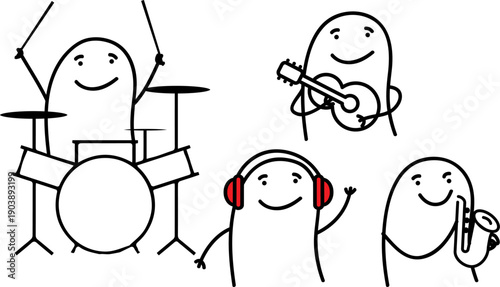 Minimalist doodle characters playing drums, listening to music, guitar and saxophone