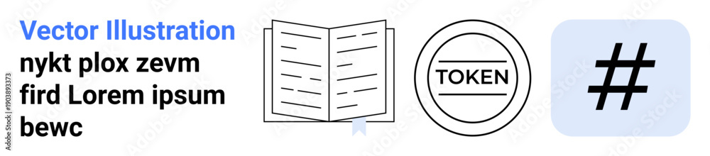 Obraz premium Open book with bookmark, digital token, and metadata tag in a clean layout. Ideal for education, cryptocurrency, social media, branding, innovation, modern trends simple landing page