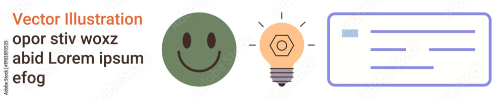 Fototapeta premium Creativity, problem-solving, design thinking, communication, brainstorming, innovation. A happy face, lightbulb symbol and text box arranged horizontally. Creativity and communication visualization