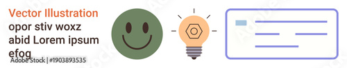 Creativity, problem-solving, design thinking, communication, brainstorming, innovation. A happy face, lightbulb symbol and text box arranged horizontally. Creativity and communication visualization
