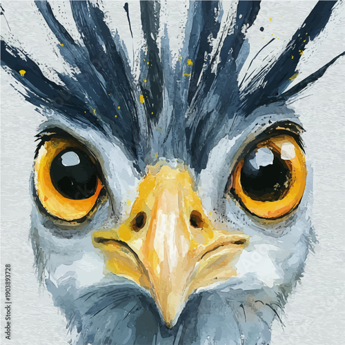 Secretary Bird, illustration watercolor artwork with subtle gradients and elegant contours, isolated on a white background.