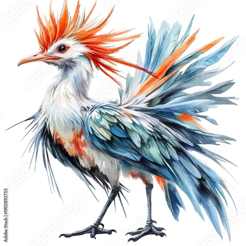 Secretary Bird, illustration watercolor artwork with subtle gradients and elegant contours, isolated on a white background.