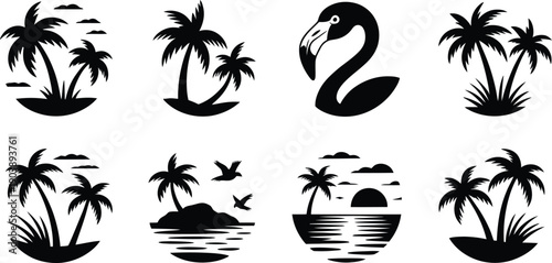 Collection of tropical island silhouettes with palm trees swans and serene landscapes