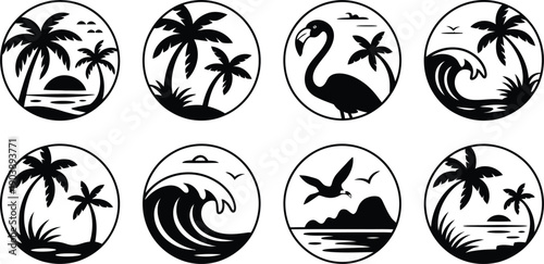Tropical oasis a collection of coastal icons featuring palm trees waves flamingos and birds