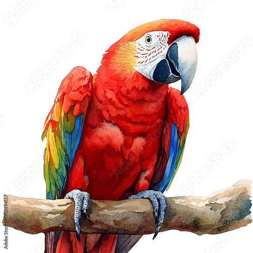 Scarlet Macaw, watercolor with intricate brush textures and gentle highlights, isolated on a white background.