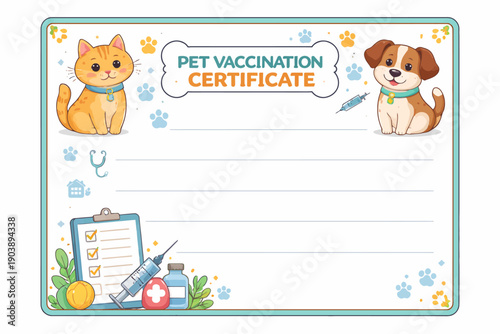 Pet vaccination certificate with cat and dog illustrations and medical icons