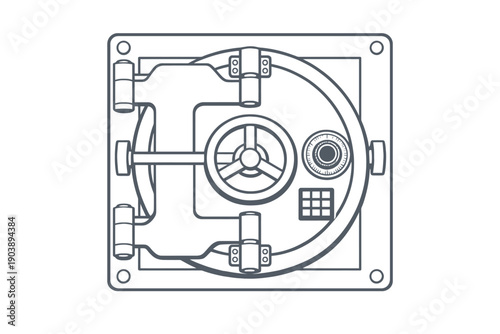 Front view of a secure vault door with combination dial and hinges