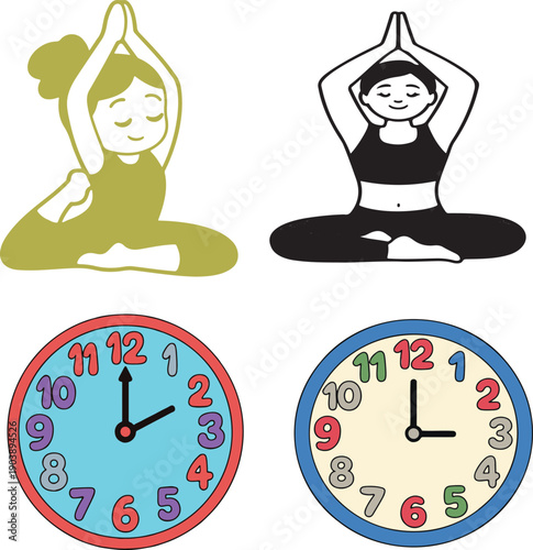 Woman practicing yoga in peaceful poses and colorful educational clocks