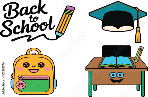 Cheerful back to school and graduation themed cartoon illustrations