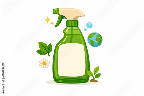 Eco-friendly cleaning spray bottle with leaves and earth symbol