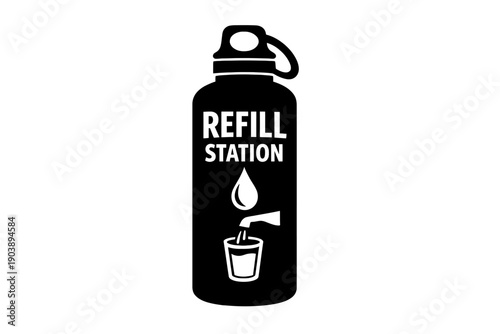 Reusable water bottle design with refill station icon and water drop graphic