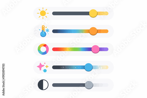 Colorful user interface sliders for brightness, temperature, hue, sparkle, and contrast adjustments