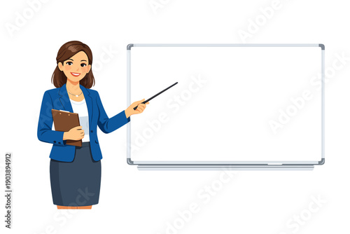 Animated female teacher presenting lesson on neon whiteboard
