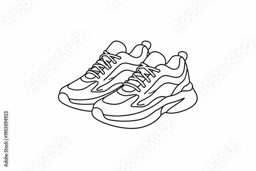 Outlined sketch of modern athletic sneakers with chunky soles on white background