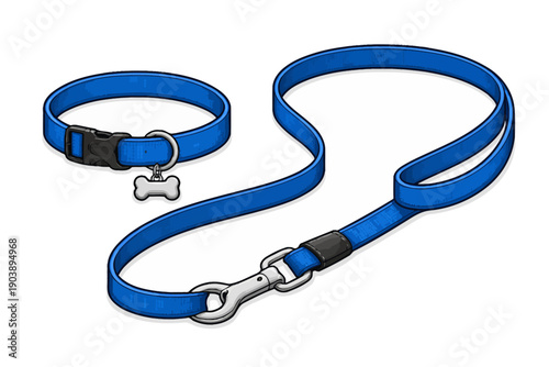Blue dog collar and leash set with bone charm on white background