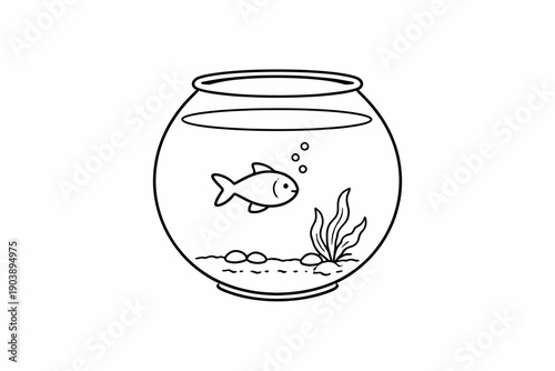 Outline drawing of goldfish in fishbowl with seaweed and bubbles