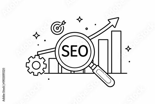Seo strategy growth chart with magnifying glass and arrow illustration