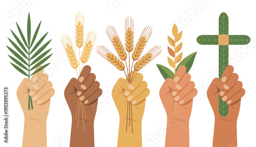 Hands holding religious symbols varied skin tones celebrate faith together diversity unity, Palm Sunday