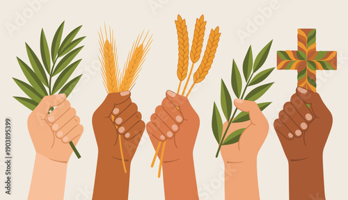 Hands holding religious symbols diverse people united for faith celebration and community, Palm Sunday