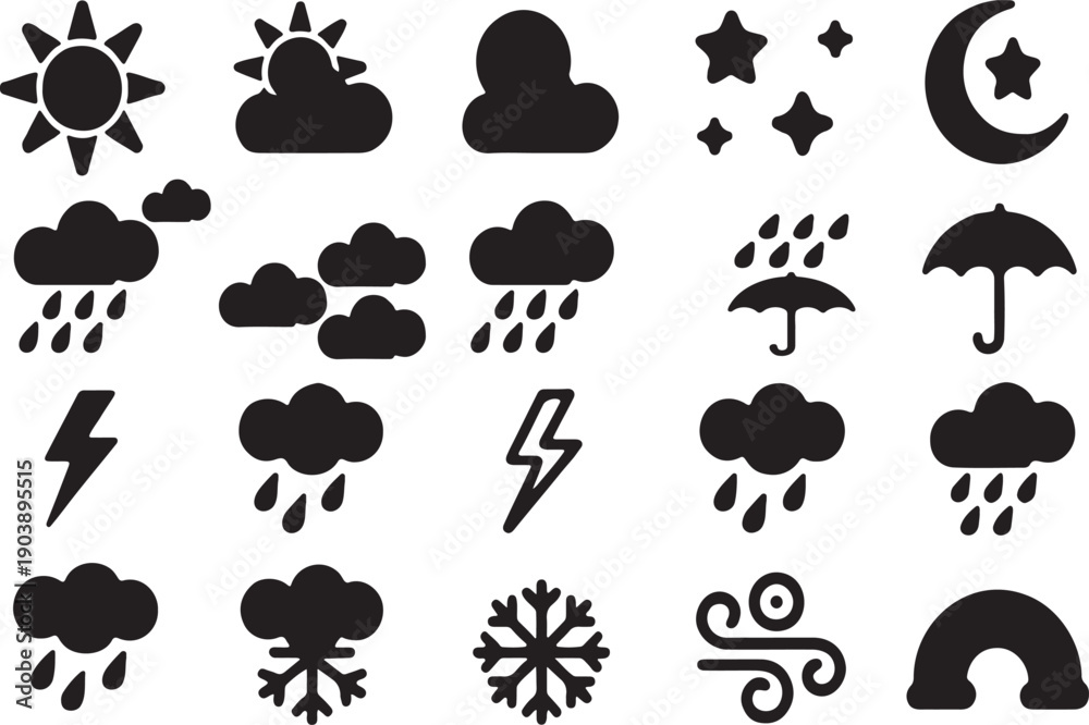 Fototapeta premium Diverse weather conditions and meteorological forecast vector icons.