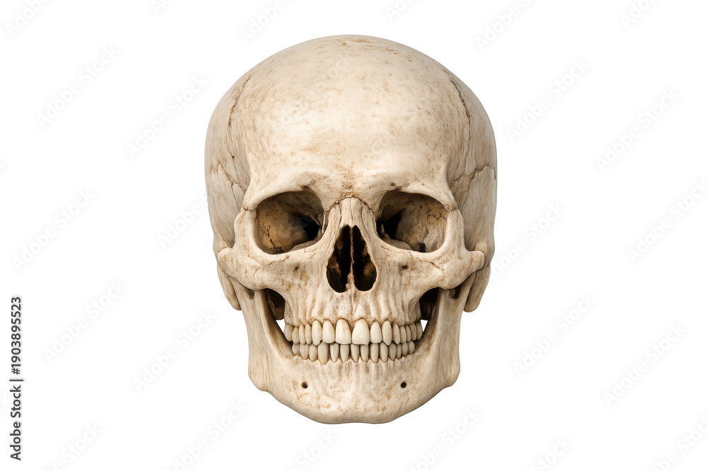Obraz premium Human skull in front view against transparent background representing anatomy, science, death, and mortality