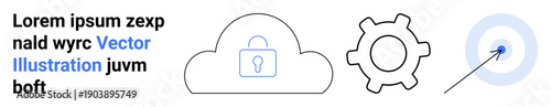 Data privacy, cloud storage, security management, system configuration, target focus, digital operations. Lock inside a cloud, gear bullseye. Data privacy cloud storage and security management