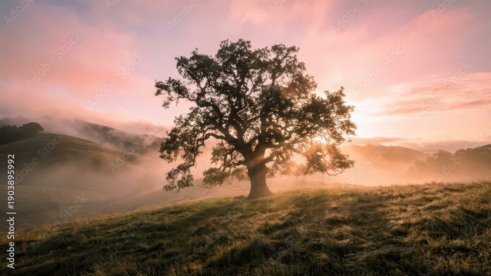Fototapeta premium Lone Gnarled Ancient Oak Tree Bathed in Warm Sunset Light on Misty Hillside