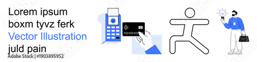 Contactless payments, finance apps, business, innovation, technology, digital trends. A credit card near a payment terminal, silhouette figure and a business person with a briefcase. Contactless