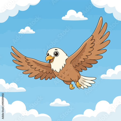 Cartoon eagle flying in a blue sky with white clouds.