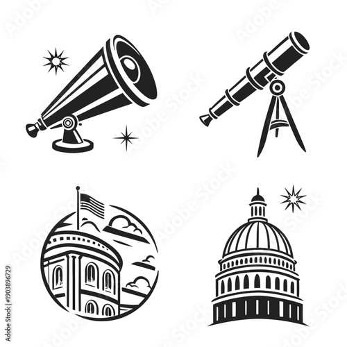 Icon set of astronomy and government buildings Vector