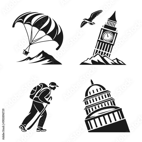 Various iconic landmarks and adventurous activities Vector