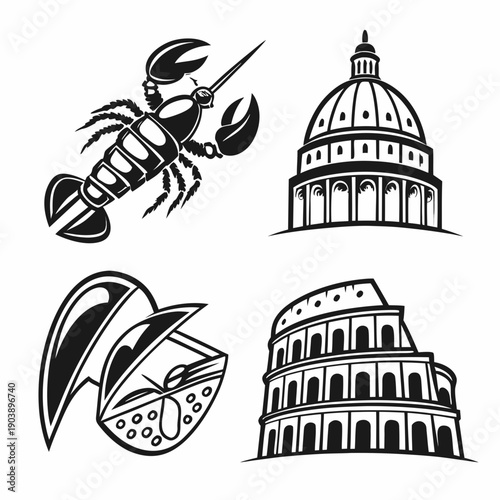 Iconic landmarks and seafood illustrations Vector