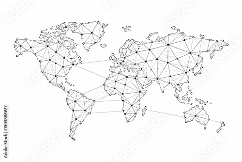Global network: abstract world map with geometric connections